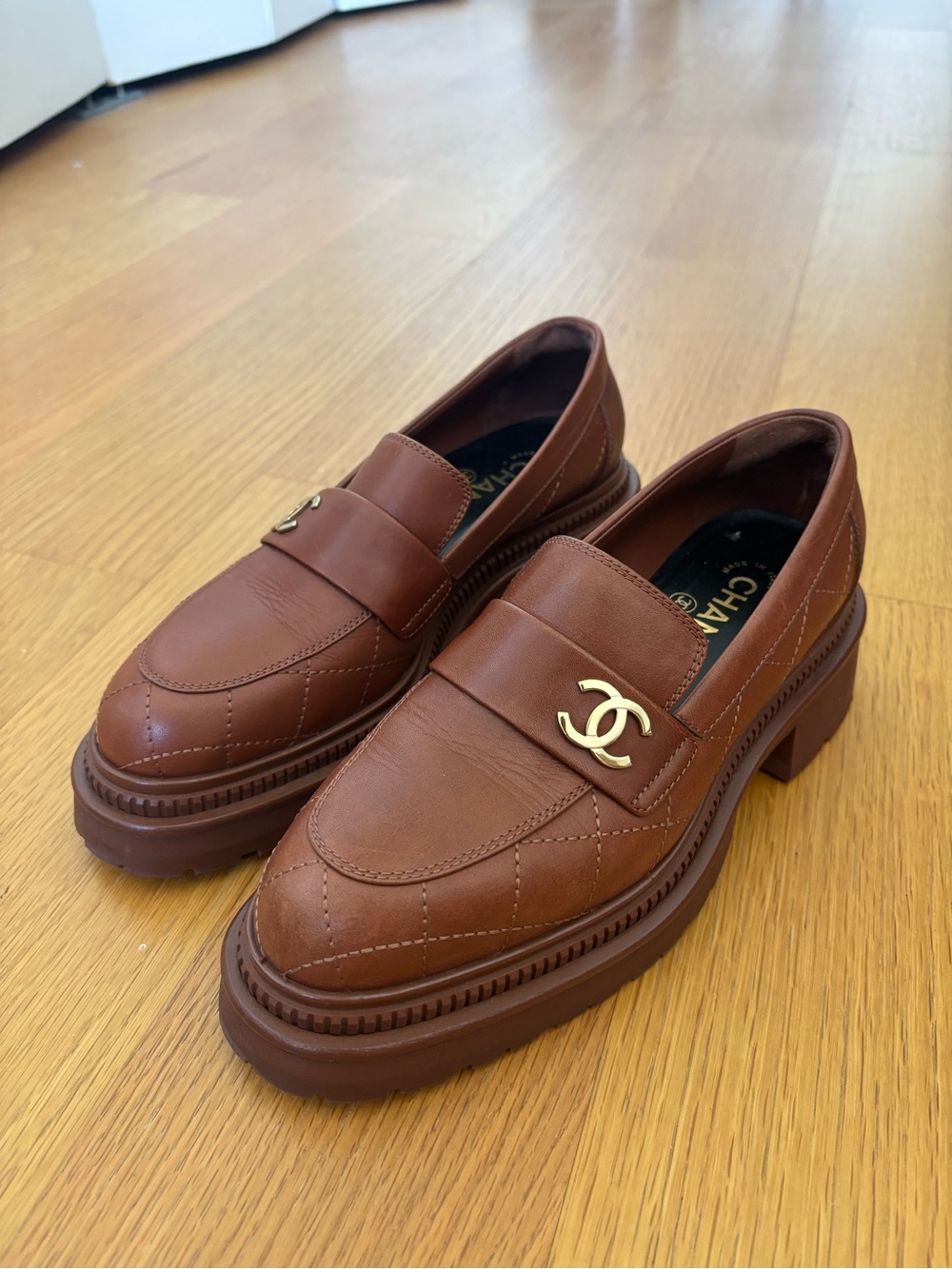 CHANEL Chestnut Brown Leather Penny Loafers with Gold CC Emblem - Picture 6 of 9